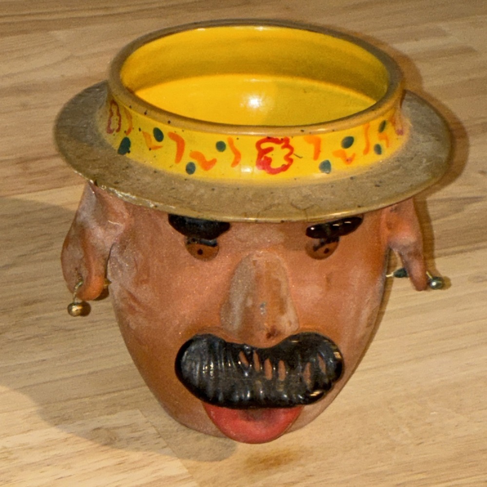 Vintage Bird Brain Inc. 2005 Terra Cotta Male With Mustache Planter Yellow Hat